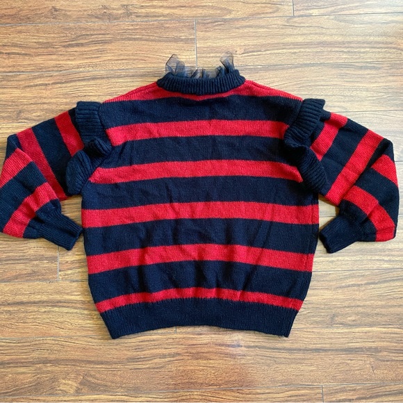 Zara Red Black Striped Tulle Ruffle Neck Mohair Blend Knit Sweater Size S - Picture 6 of 12